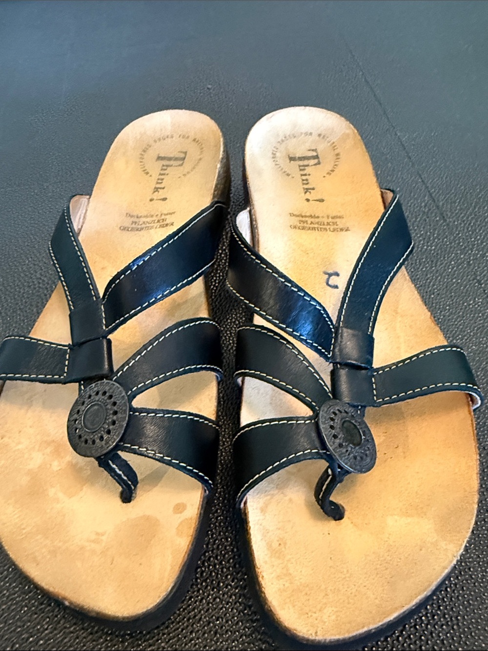 Think! Julia Black with White stitching Strappy Toe-Ring Sandals size 40/ 9-9.5
